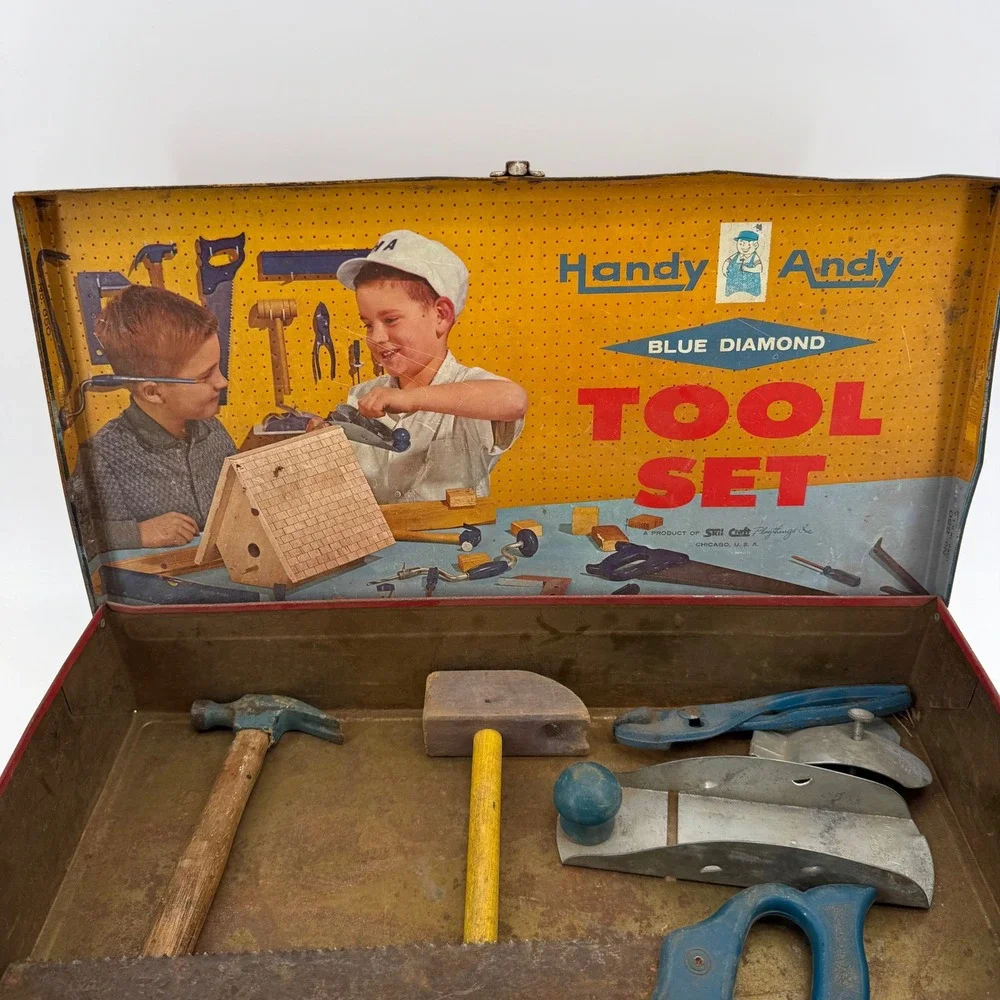 Vintage‎ Handy Andy Blue Diamond Toy Tin Tool Set W Real Tools 50's USA
